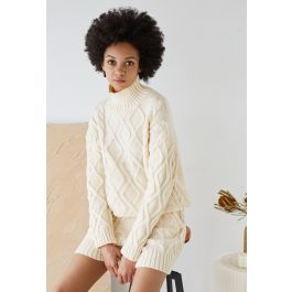 High Neck Braided Knit Sweater and Shorts Set in Cream | Chicwish