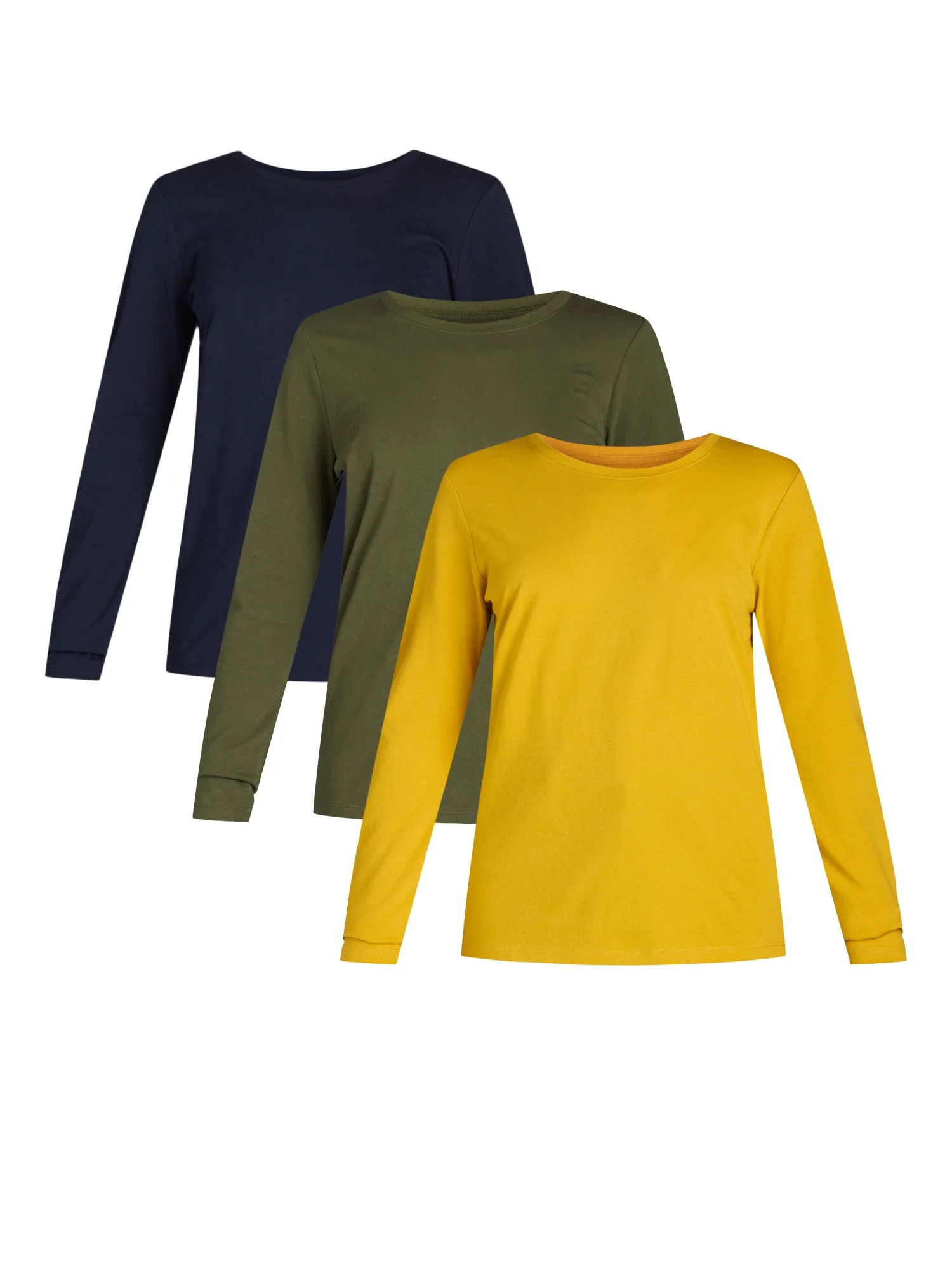 Time and Tru Women's Cotton Crewneck Tee with Long Sleeves, 3 Pack, Sizes XS-XXXL | Walmart (US)