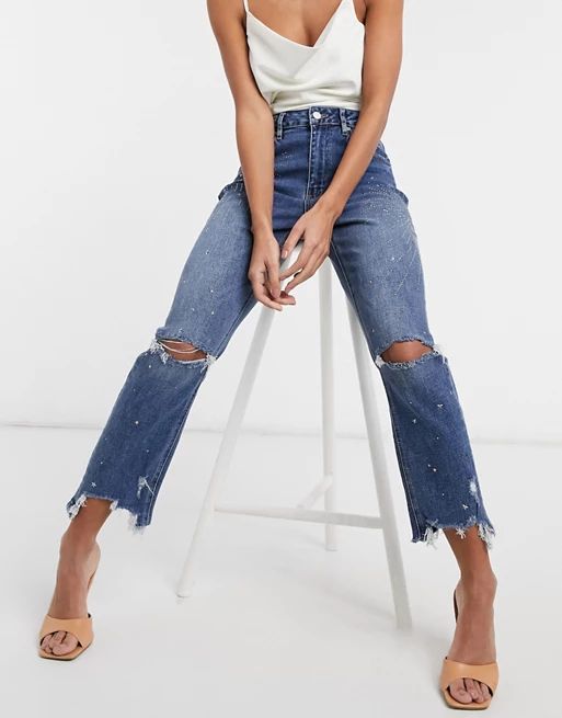Blue Revival distressed crop jean with embellishment in dark wash blue | ASOS (Global)