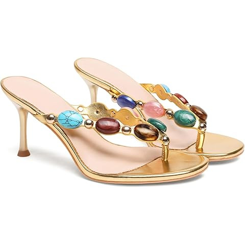 Coutgo Womens Jeweled Heeled Sandals Kitten Heel Starppy Flip Flop Backless Open Toe Slides Boho ... | Amazon (US)