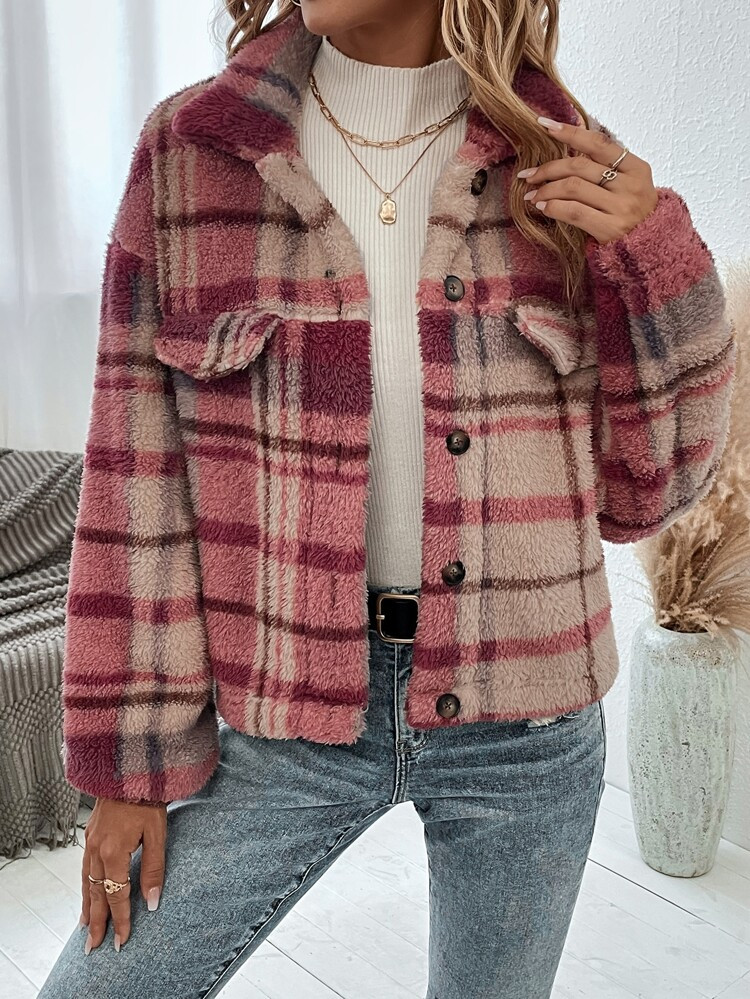 Plaid Print Drop Shoulder Teddy Jacket | SHEIN