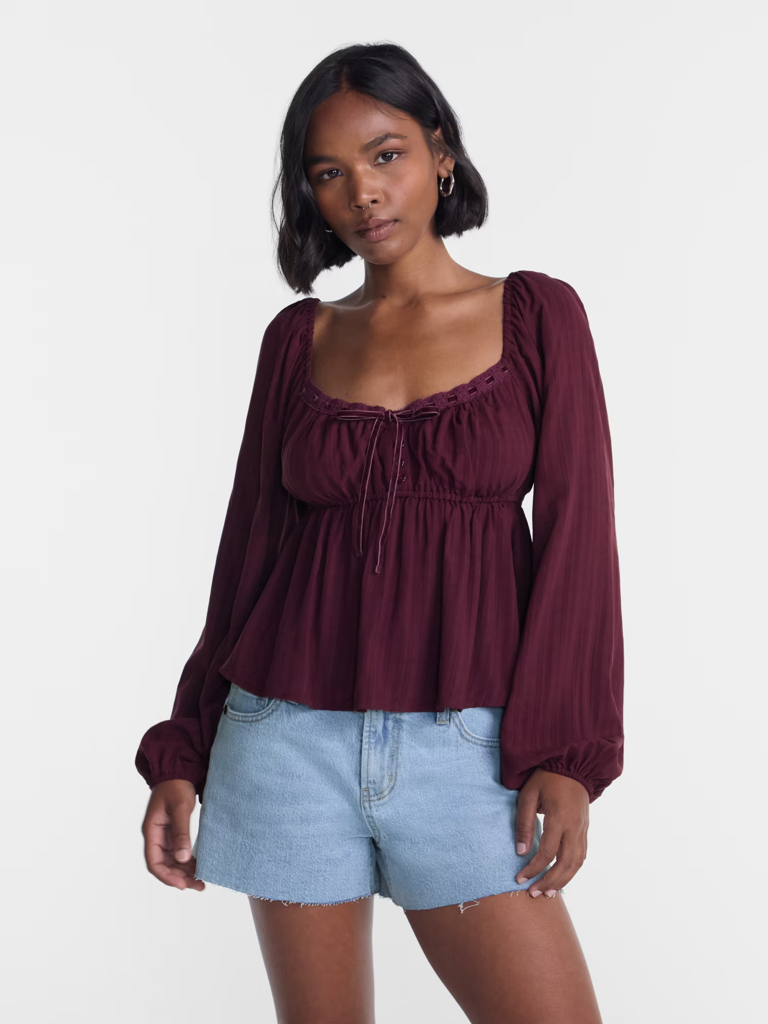 No Boundaries Babydoll Top with Long Sleeves, Women’s XXS-XXL | Walmart (US)