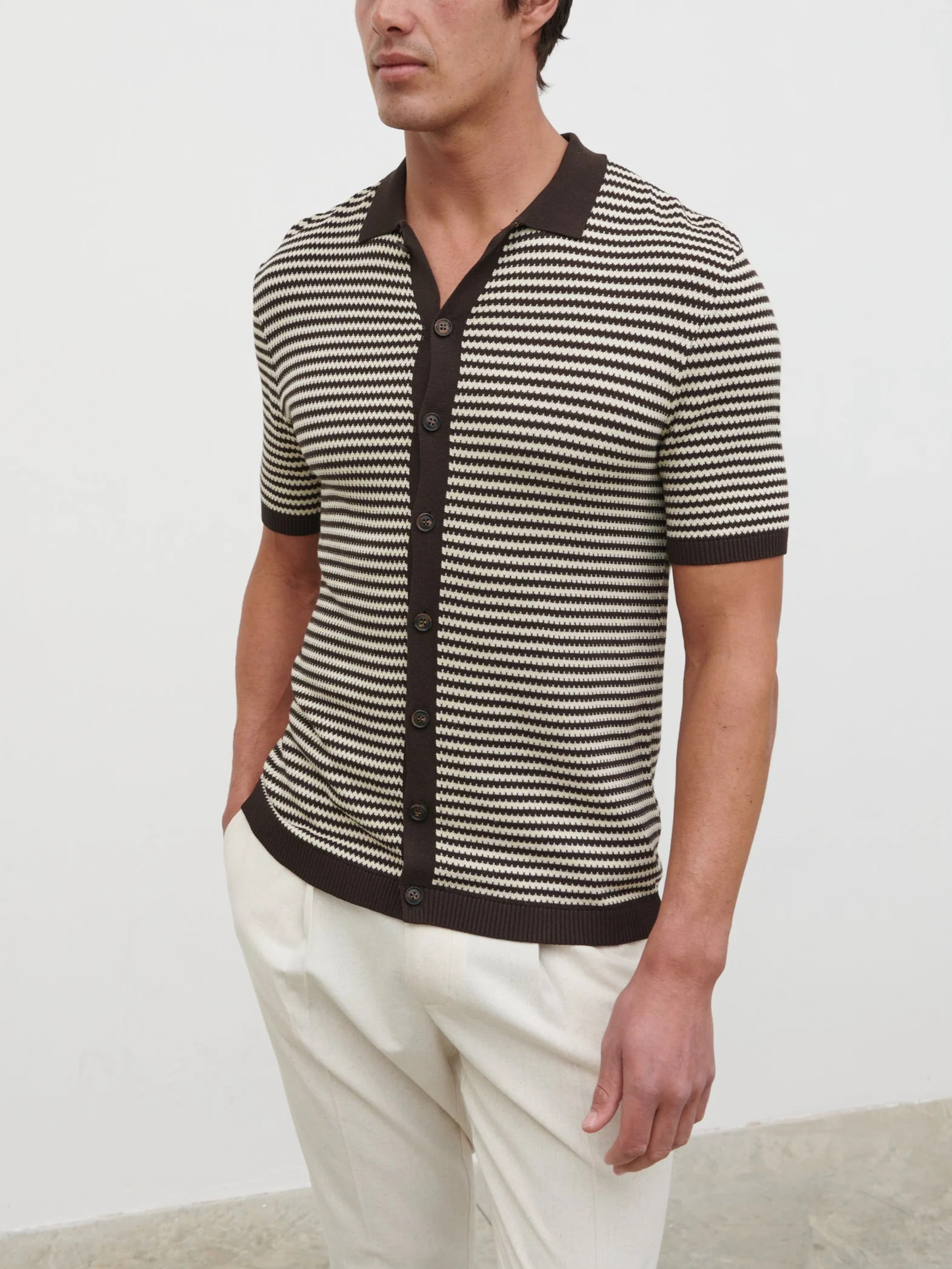 Aidan Knit Shirt - Chocolate Brown and Cream | NOBL