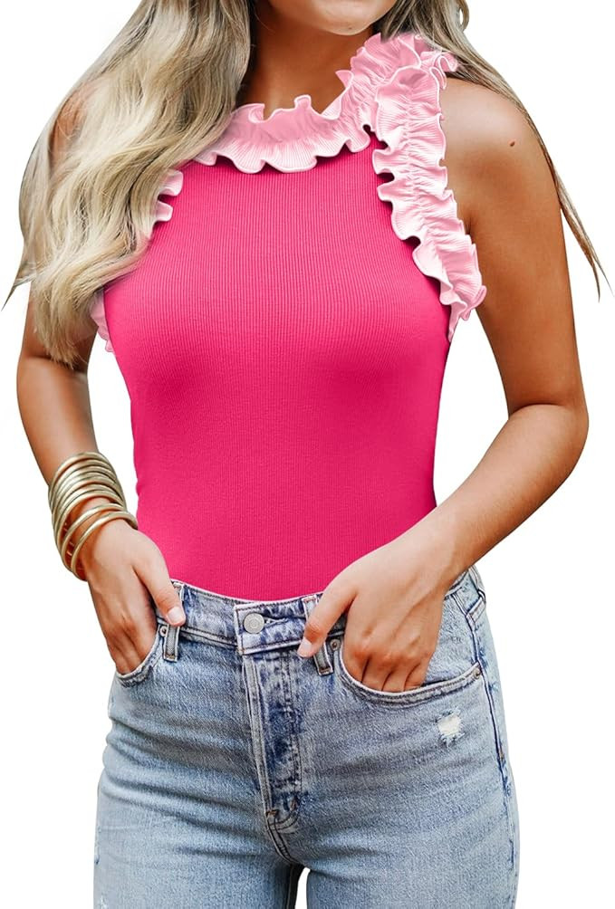 Women's Sleeveless Racer Back Ruffle Mock Turtle Neck Ribbed Bodysuit Tank Tops | Amazon (US)