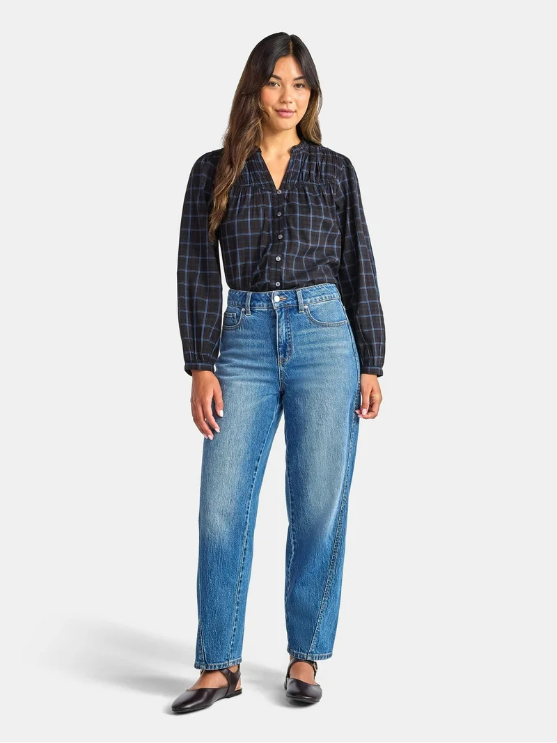 Time and Tru Women's Ruched Yoke Blouse with Long Sleeves, Sizes XS-XXXL | Walmart (US)