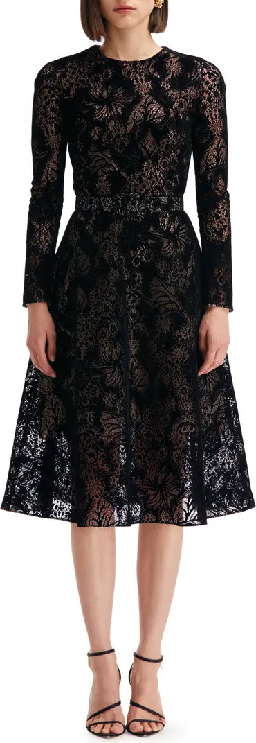 Oscar de la Renta Flocked Floral Lace Belted Long Sleeve Dress | Nordstrom | Nordstrom