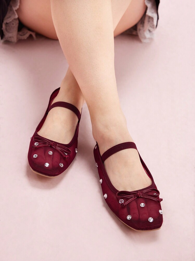 CUCCOO DOLLMOD Bailarinas De Malla Borgoña Con Lazo De Rhinestone, Nuevas Para Navidad, Otoño, Año Nuevo Y San Valentín | SHEIN