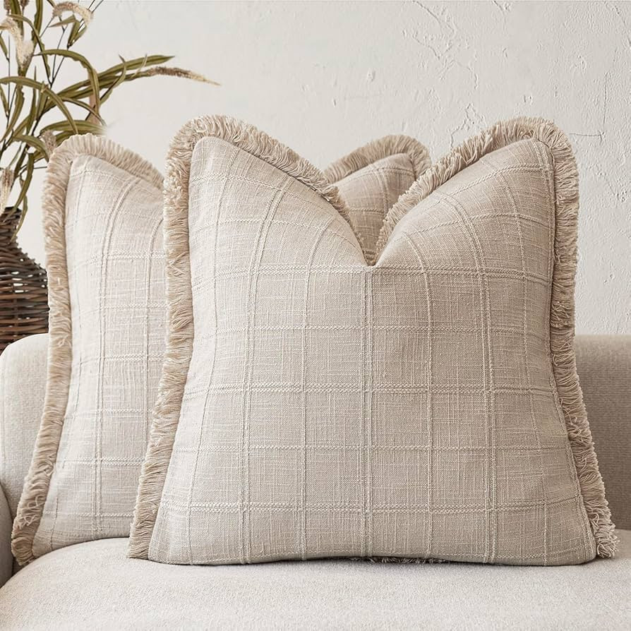 Foindtower Set of 2 Decorative Linen Check Fringe Throw Pillow Covers Farmhouse Vintage Cushion C... | Amazon (US)