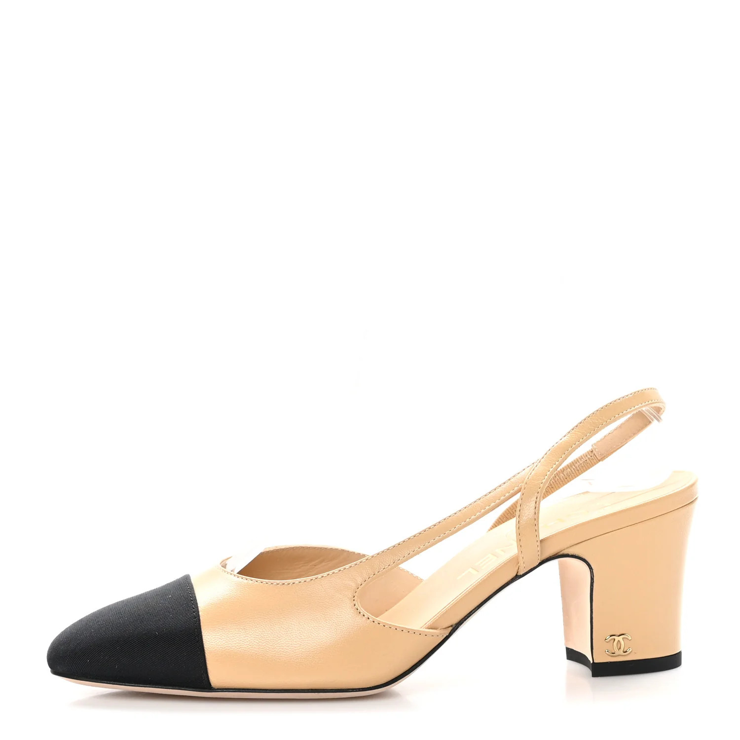 Goatskin Grosgrain Cap Toe CC Slingback Pumps 38 Beige Black | FASHIONPHILE (US)