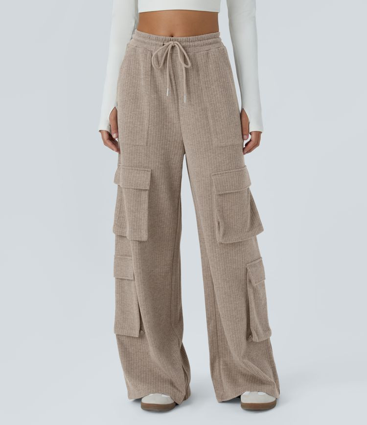 Ribbed Mid Rise Drawstring Pockets Wide Leg Cargo Casual Pants | HALARA