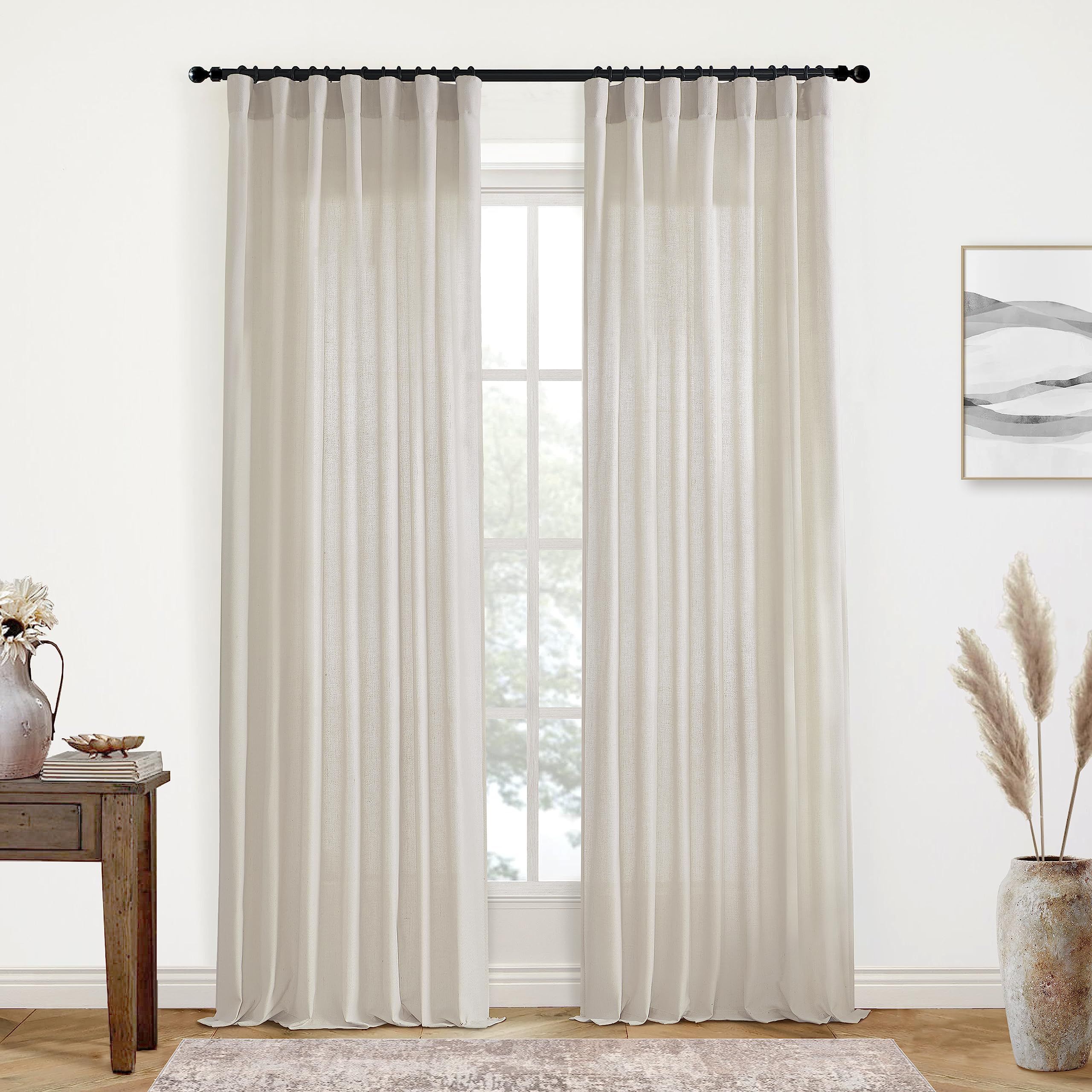 XTMYI Floor to Ceiling Curtains 8 FT,Linen Cotton Blend Faux Linen Soft Touch Light Airy Grey Beige  | Amazon (US)