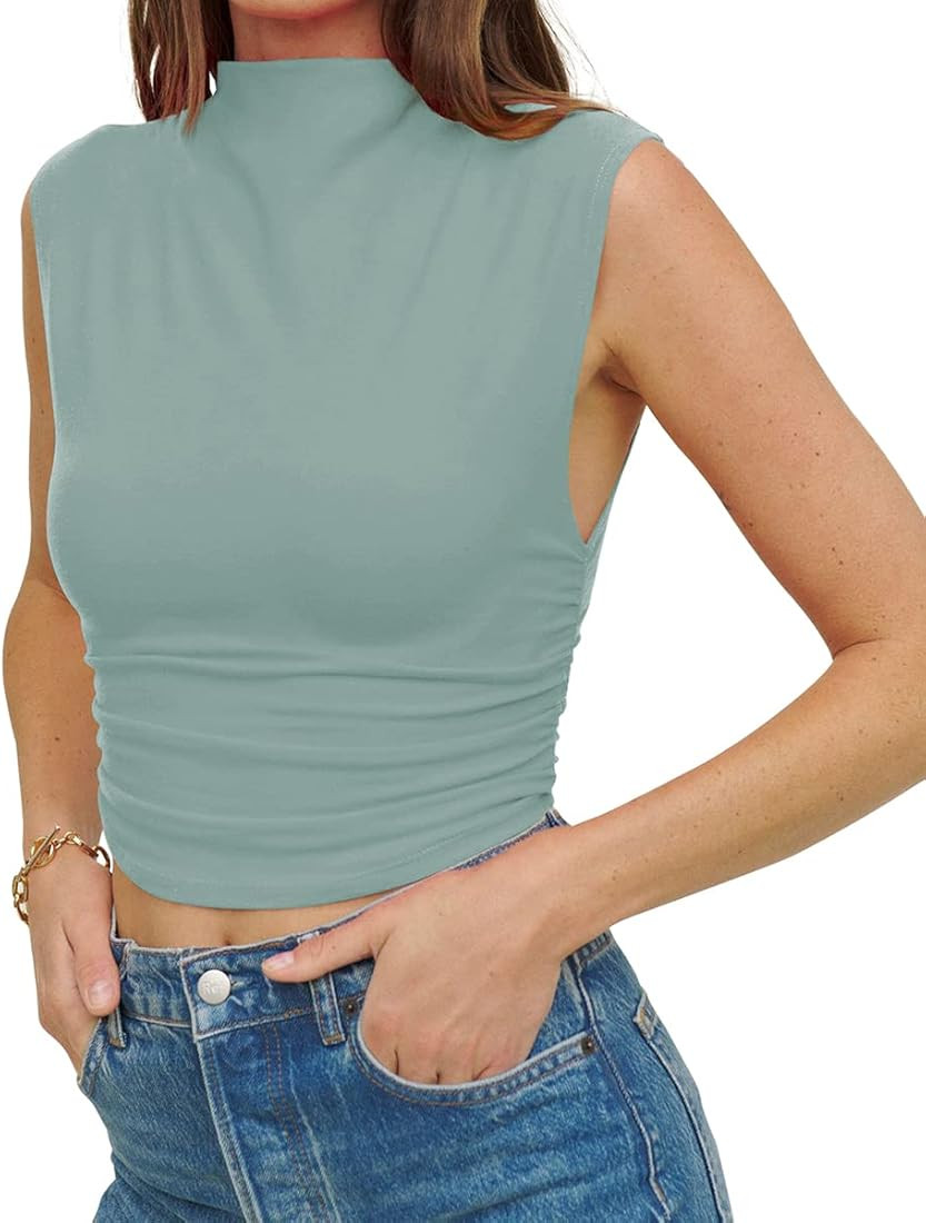 MISSACTIVER Women Solid Turtleneck Ruched Crop Tank Top High Collar Sleeveless Slim Fit Basic Csu... | Amazon (US)