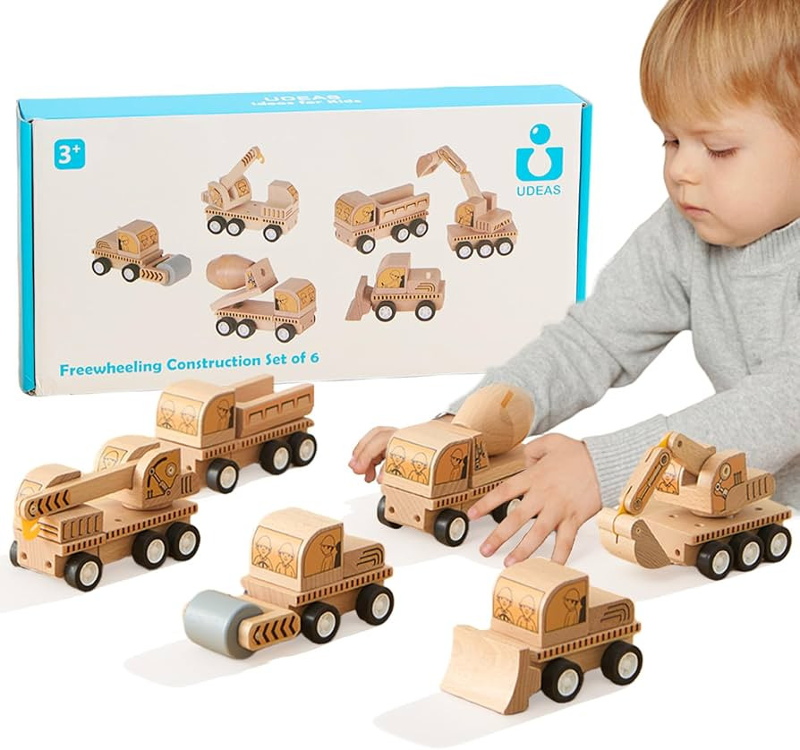 6-Piece Wooden Construction Vehicle Toys Set with Bulldozer, Excavator, Crane, Dump Truck \u2013 ... | Amazon (US)