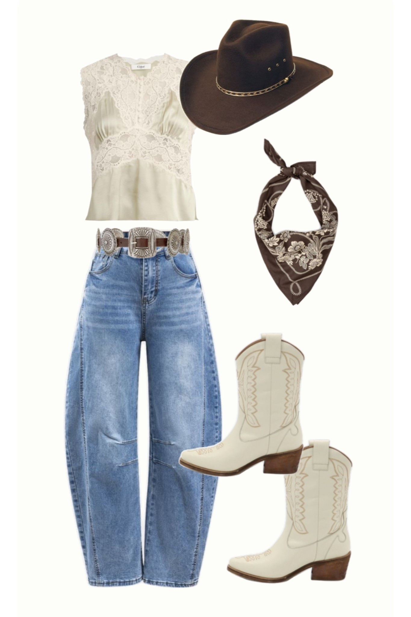 Fort Worth rodeo outfit idea! Western chic fashion 🤠 

Barrel jeans, cowboy boots, white lace top, neck scarf, western style, rodeo outfit, white cowboy boots, brown cowboy hat, western style, cowboy boot outfit, Ralph Lauren belt, chunky brown belt, neutral fashion, neutral style 

#LTKSaleAlert #LTKTravel