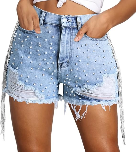 Kedera Women Denim Shorts Rhinestone Pearl Beaded Side Fringe Tassel Ripped Jean Short | Amazon (US)