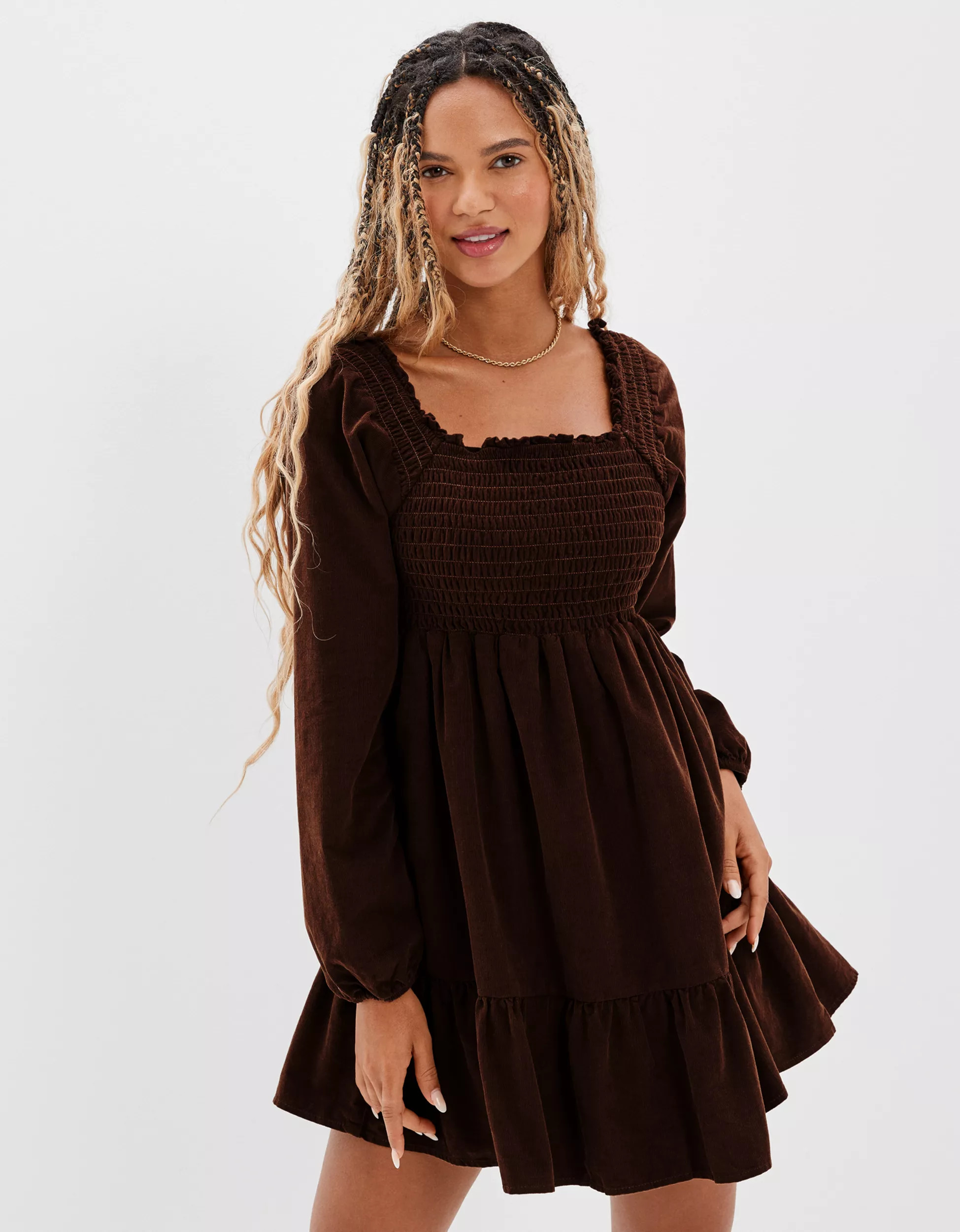 AE Long-Sleeve Smocked Corduroy Mini Dress | American Eagle Outfitters (US & CA)