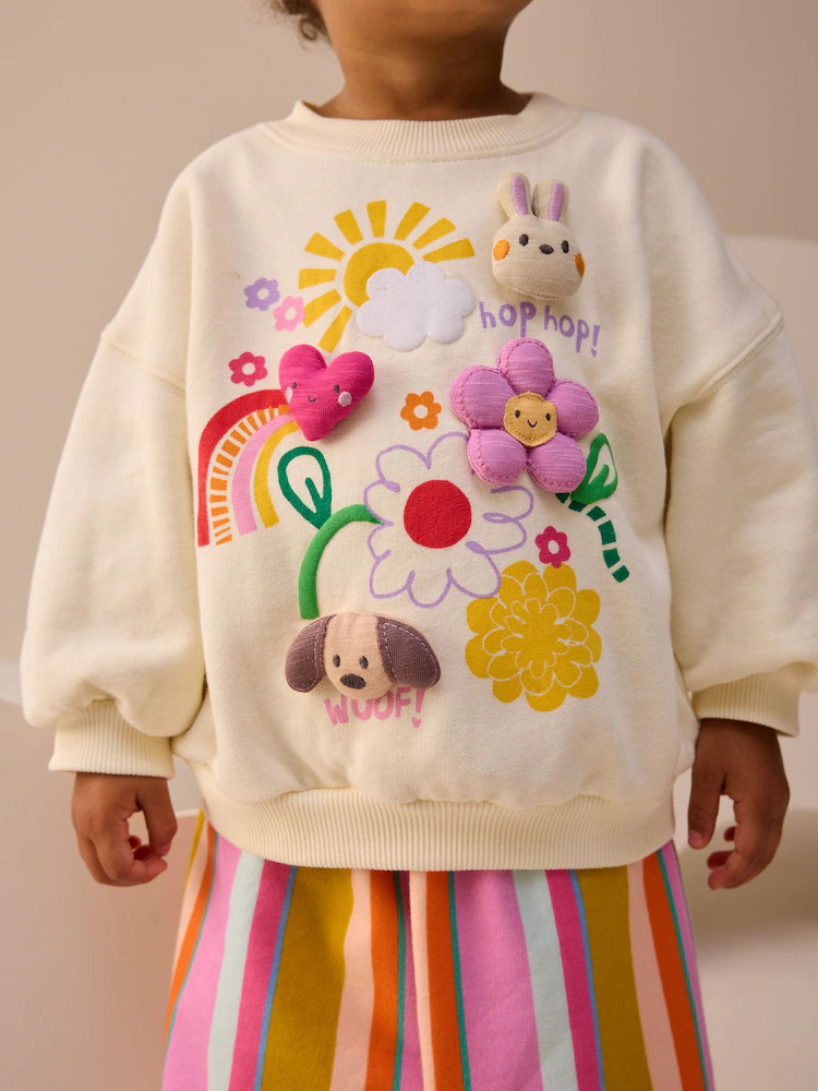 Cream Stripe Padded Characters Sweatshirt and Barrel Leg Joggers Set (3mths-7yrs) | Next US
