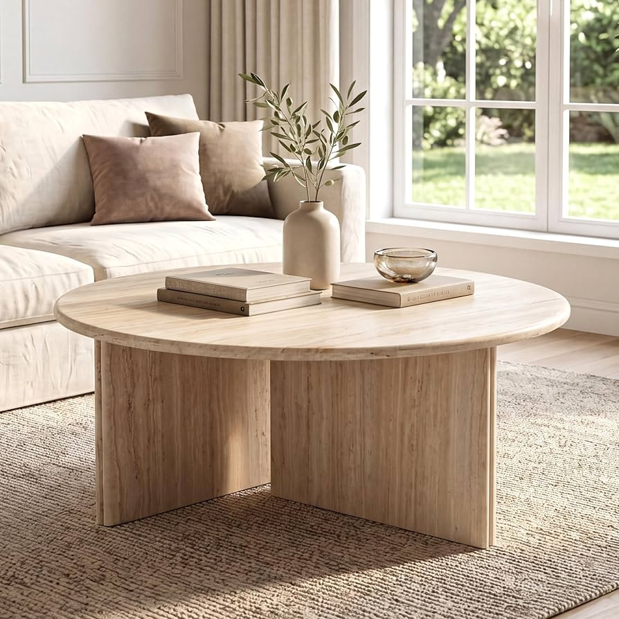 HNY Modern Round Coffee Table Marble Veneer Wood Center Table 31.5" Faux Travertine Finish Tea Ta... | Amazon (US)