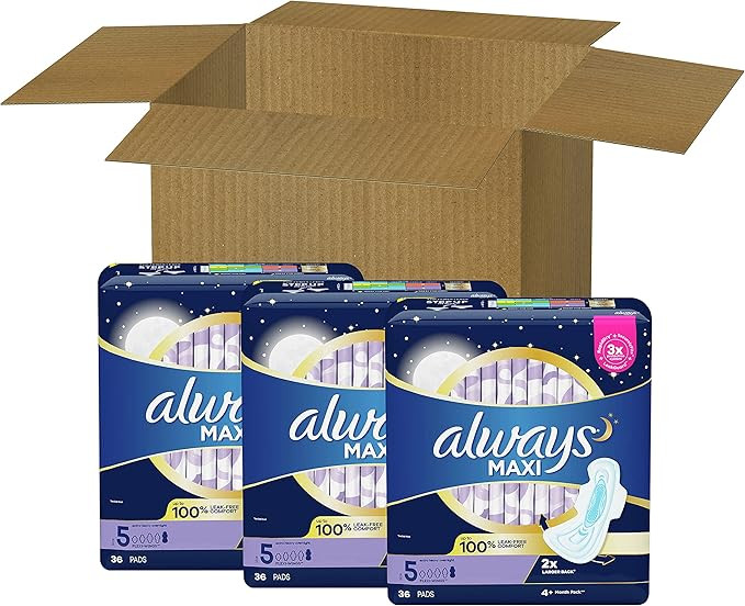 Always Maxi Feminine Pads with Wings for Women, Size 5, Extra Heavy Overnight, 108 Count, FSA HSA... | Amazon (US)