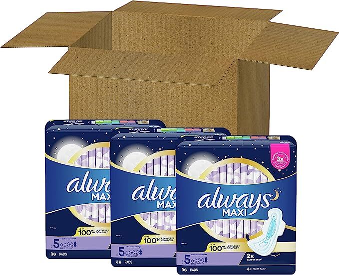 Always Maxi Feminine Pads with Wings for Women, Size 5, Extra Heavy Overnight, 108 Count, FSA HSA... | Amazon (US)
