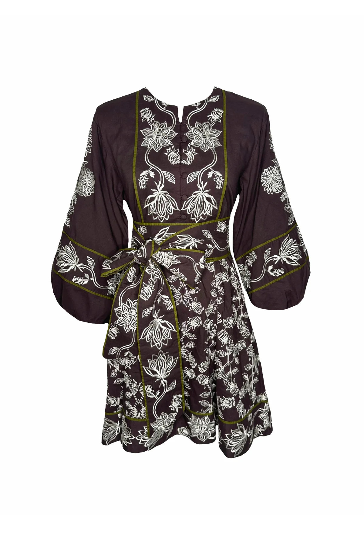 Jewel Neck Sue Sartor Flounce™️ Mini | Chocolate/Ivory Embroidered Fal | SUE SARTOR