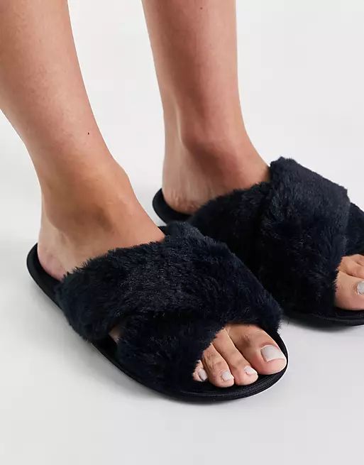 Totes fluffy cross strap slippers in navy | ASOS (Global)
