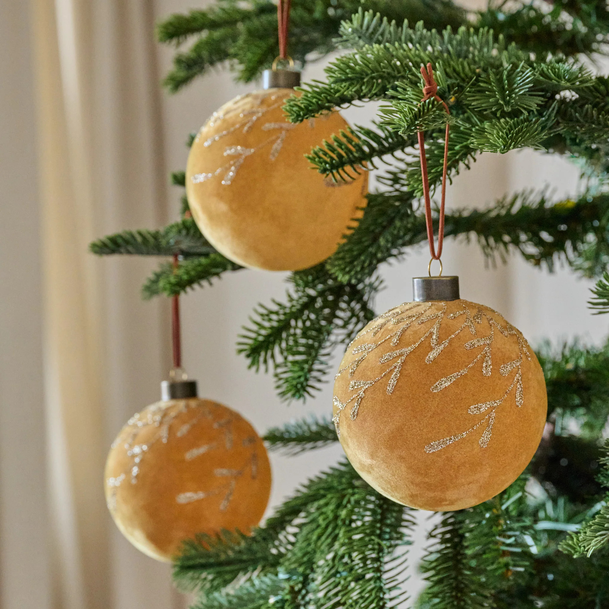 Flocked Floral Glitter Ornament, Set of 3 | Magnolia