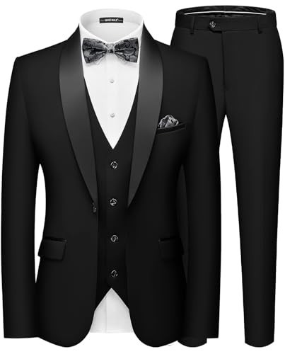 MAGE MALE Men's Slim Fit 3 Piece Suit One Button Solid Shawl Lapel Blazer Jacket Vest Pants Set with Tie Pocket Square Brilliant Black | Amazon (US)