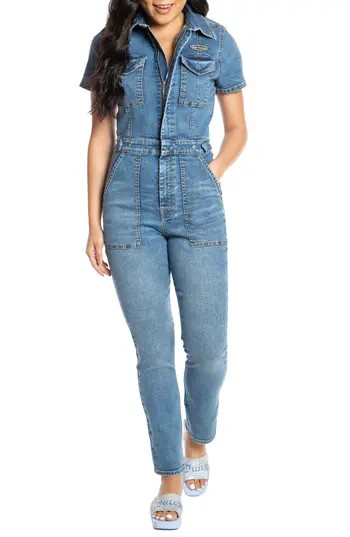 Juicy Couture Cindy Short Sleeve Denim Jumpsuit in Medium Wash at Nordstrom Rack, Size Xx-Large | Nordstrom Rack