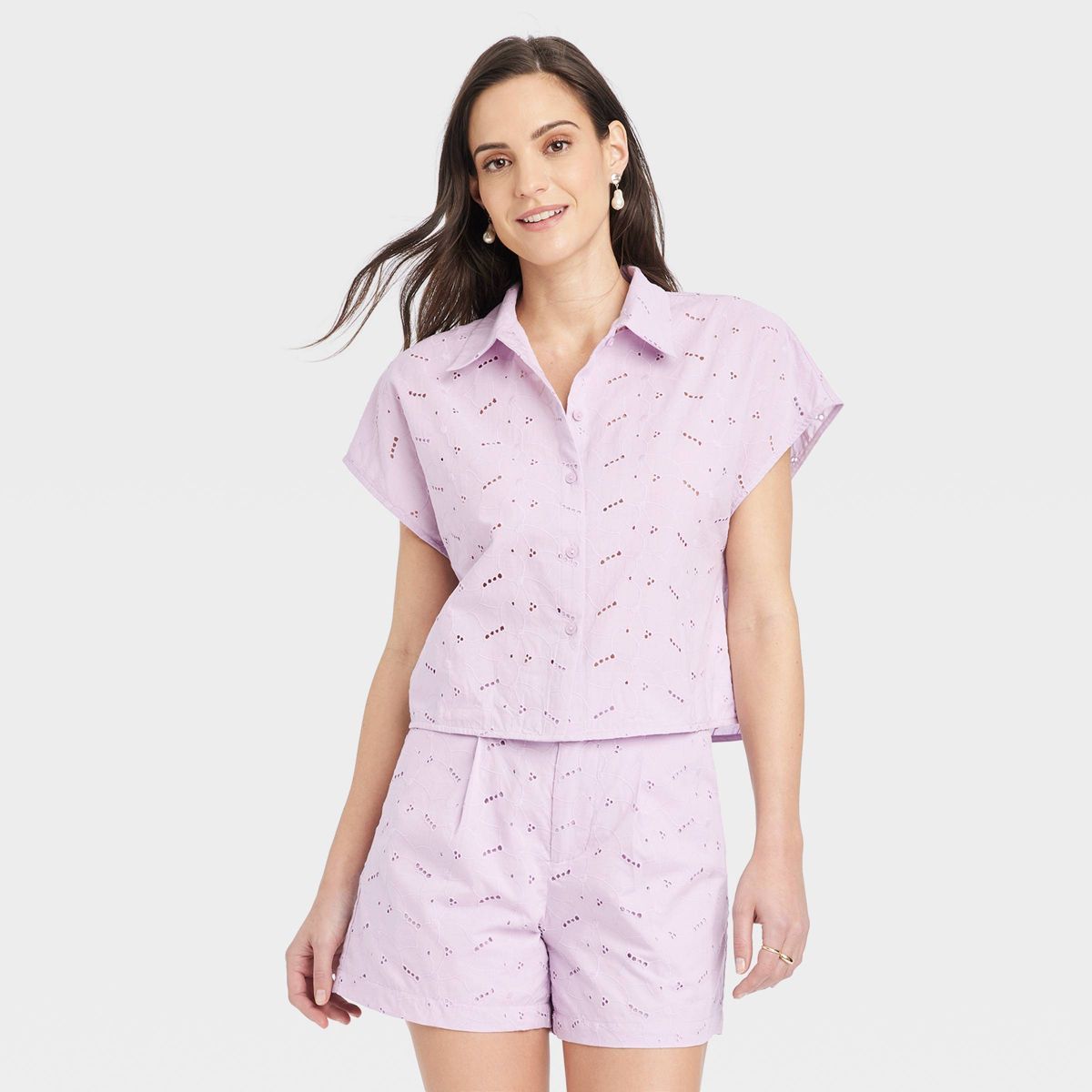 Women's Short Sleeve Eyelet Camp T-Shirt - A New Day™ Lilac M | Target