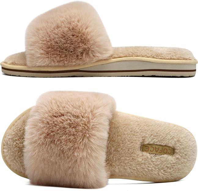 COFACE Womens Slides Fuzzy Slippers Open Toe Fluffy Slippers With Arch Support Plantar Fasciitis ... | Amazon (US)
