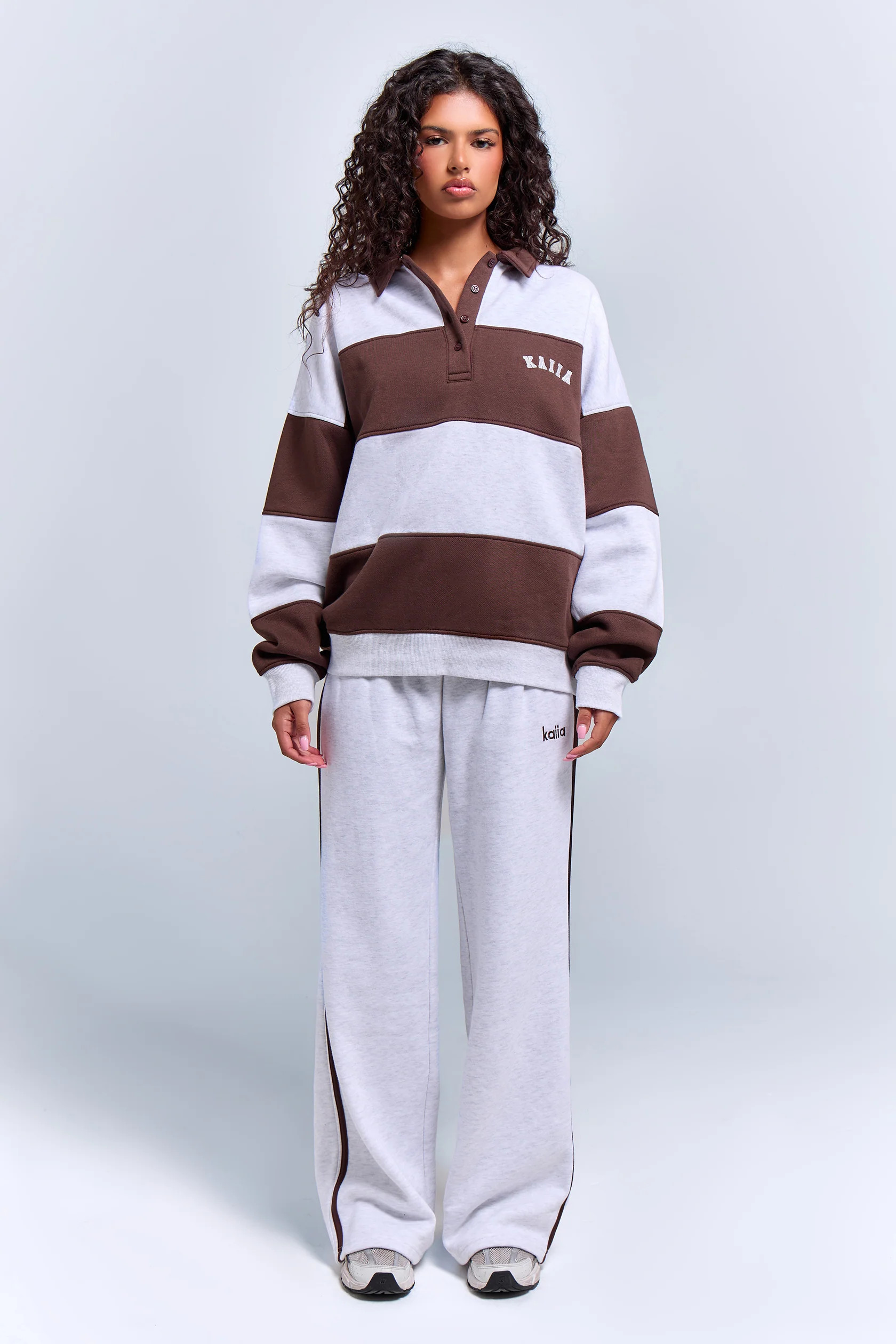 Kaiia Striped Oversized Rugby Sweatshirt Light Grey Marl & Chocolate | Kaiia the Label