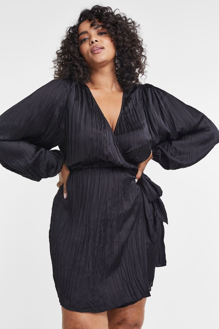 Balloon-sleeved Wrapover Dress - Black - Ladies | H&M US | H&M (US + CA)
