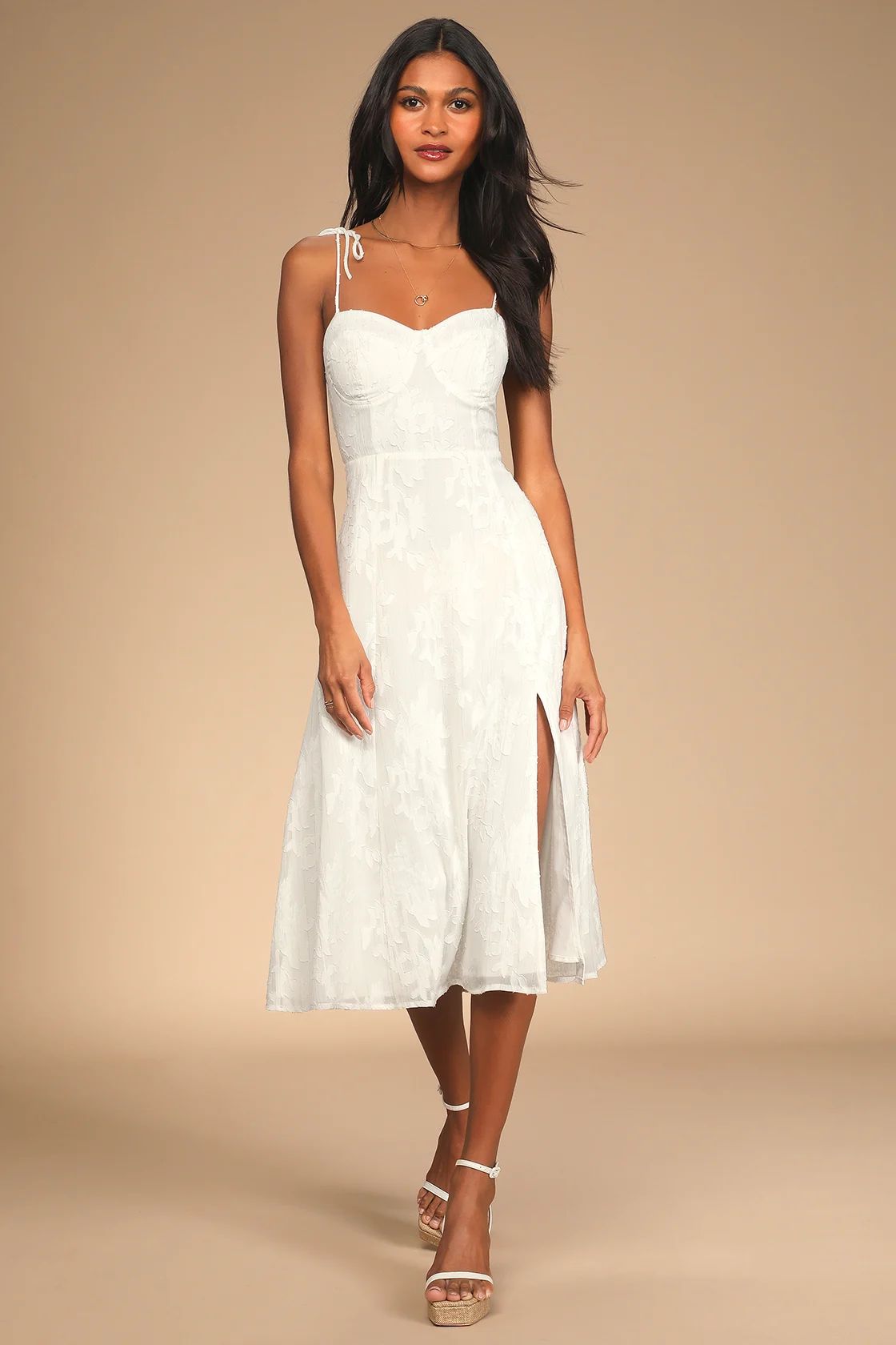 Loveliest Looks White Floral Jacquard Tie-Strap Midi Dress | Lulus