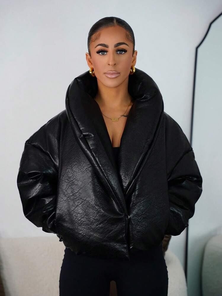 SAYEHFBABY Thick Padded Fold Over Collar Faux Leather Coat Night Out Autumn Fall Winter Back To School Everyday Outerwear Christmas Party Elegant Evening | SHEIN