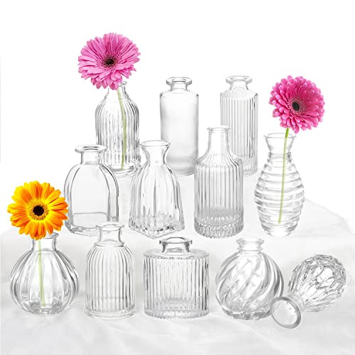 Bud Vases Set of 12, Glass Vase for Decor Centerpieces, Small Vases for Flowers, Clear Flower Vase Stripe Modern Bud Vases in Bulk, Vintage Vases for Floral Wedding Party Table Decoration Home Decor | Amazon (US)