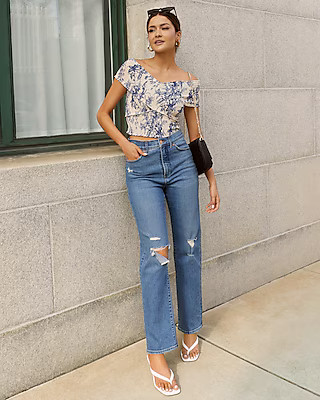 Super High Waisted Medium Wash Ripped Modern Straight Jeans | Express