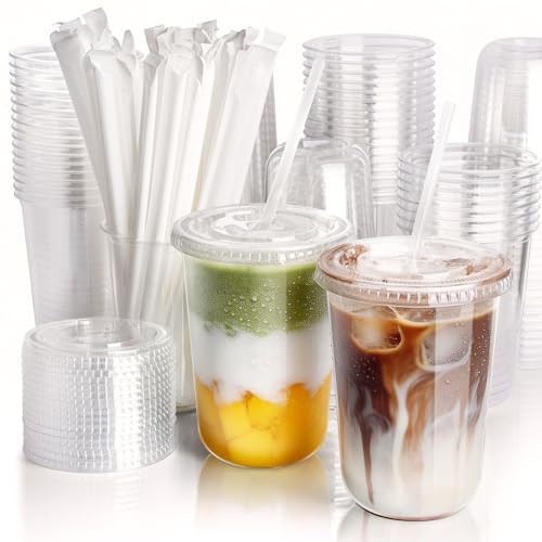 Boxential 50 Pack 16 oz Round Bottom Plastic Cups with Lids and Straws, Disposable Coffee Cups with Lids, To Go Iced Coffee Cups with Lids, Disposable Cups for Party, Smoothie Cup for Cold Drinks | Amazon (US)