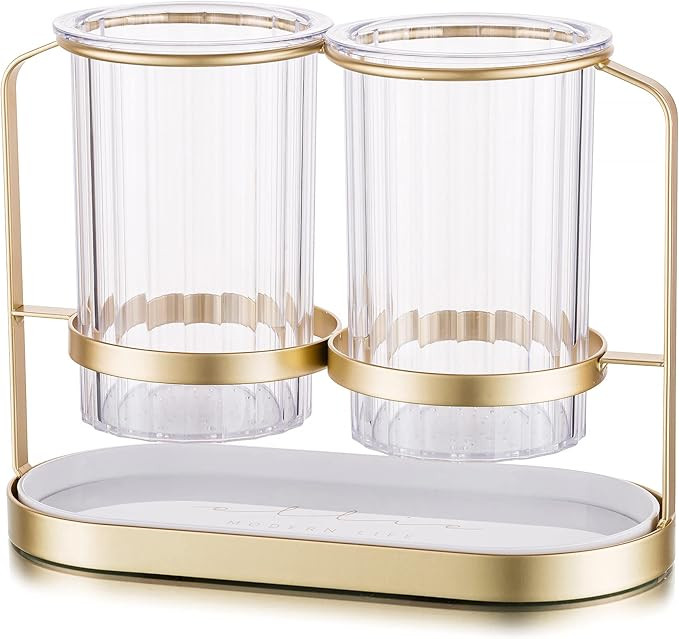 Amazon.com: Kitchen Utensil Holder for Countertop 2 Clear White Cups with Gold Iron Frame Cooking... | Amazon (US)