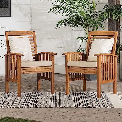 Walker Edison Rendezvous Modern 2 Piece Solid Acacia Wood Slat Back Outdoor Dining Chairs, Set of... | Amazon (US)