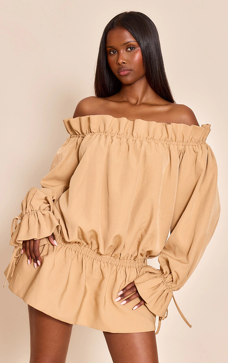 Mustard Woven Tie Detail Bandeau Long Sleeve Mini Dress | PrettyLittleThing US