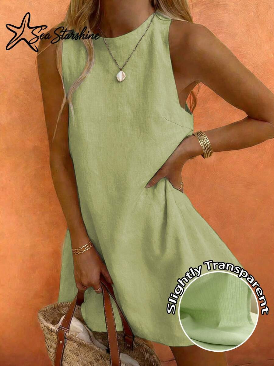 Starfish Women's Fashionable Versatile Minimalist Elegant Khaki Round Neck Sleeveless Dress, Suit... | SHEIN