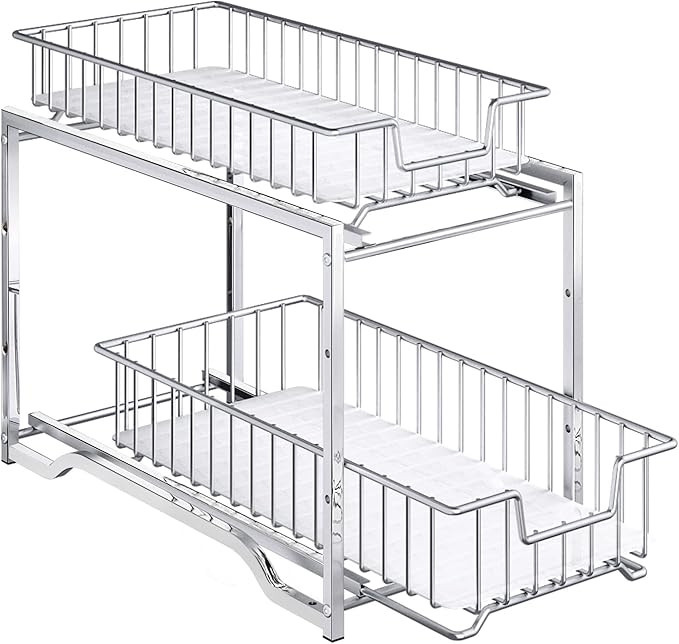 Simple Trending Stackable 2 Tier Under Sink Cabinet Organizer with Sliding Storage Drawer, Chrome | Amazon (US)