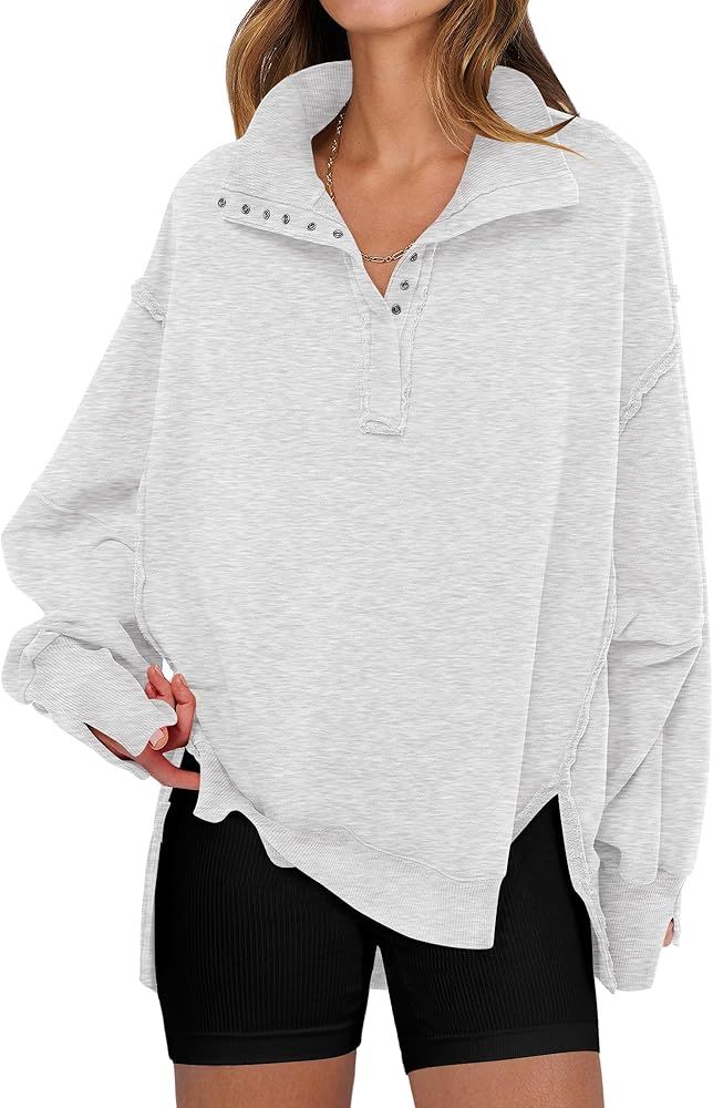 ANRABESS Women's Sweatshirts Oversized Casual Loose Button Up Henley Pullover Top High Low Split ... | Amazon (US)