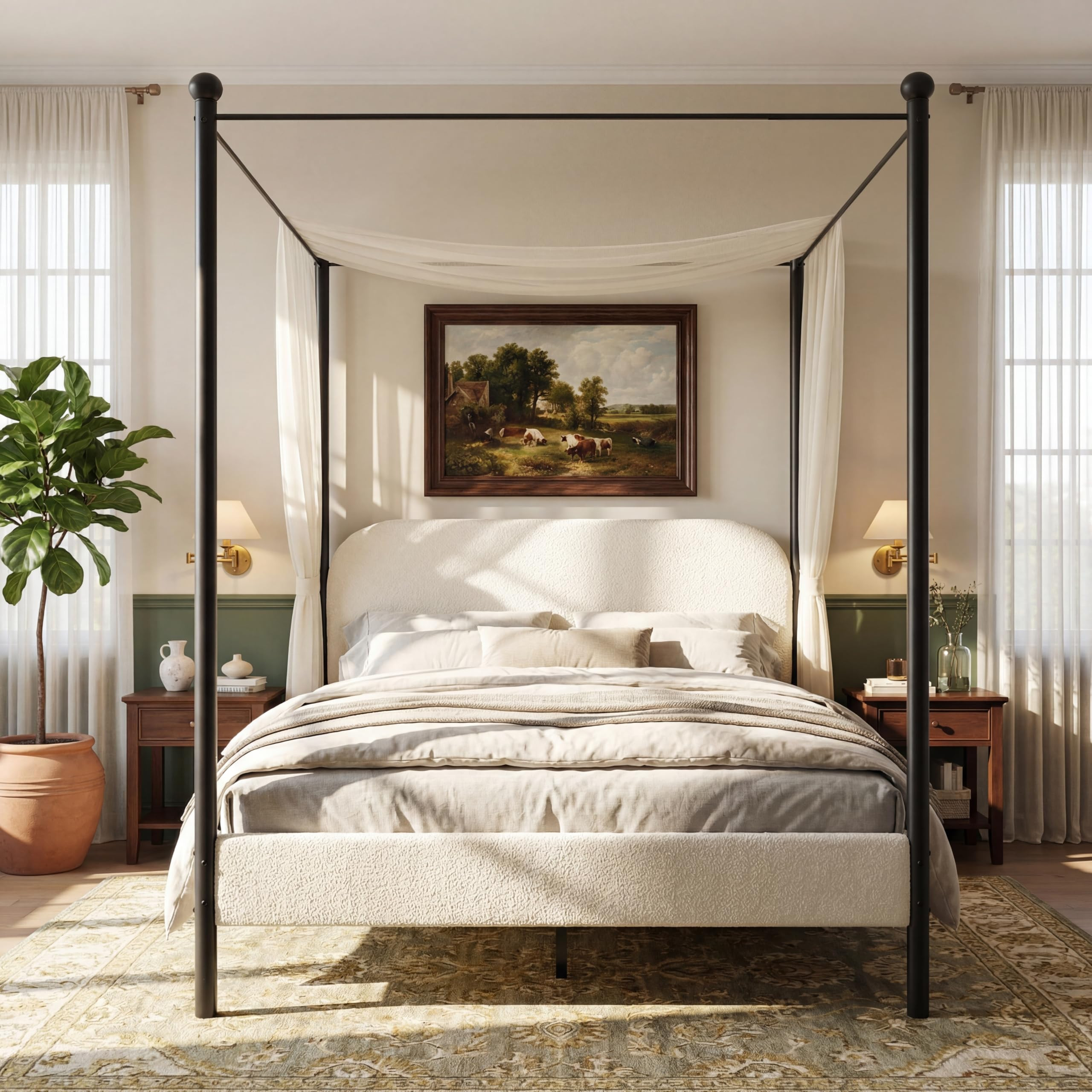 Christopher Knight Home Queen Size Upholstered Canopy Bed Frame with Boucle Fabric, Curved Headbo... | Amazon (US)