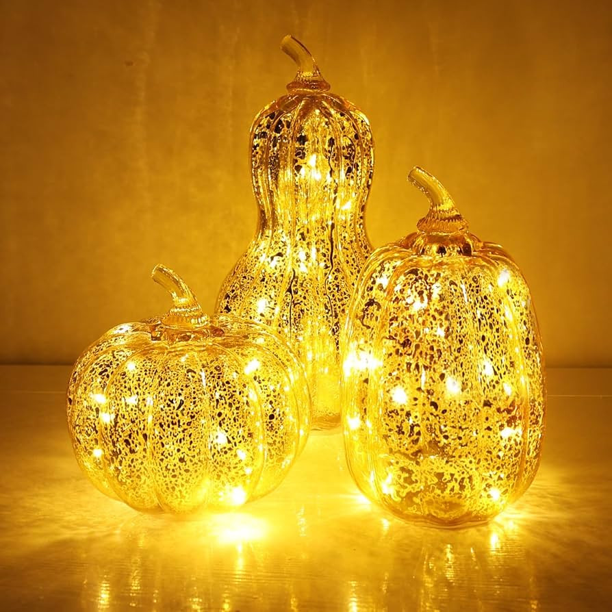NEEDOMO Fall Decorations for Home, Set of 3 Gold Mercury Glass Pumpkin with LED Lights Timer for ... | Amazon (US)
