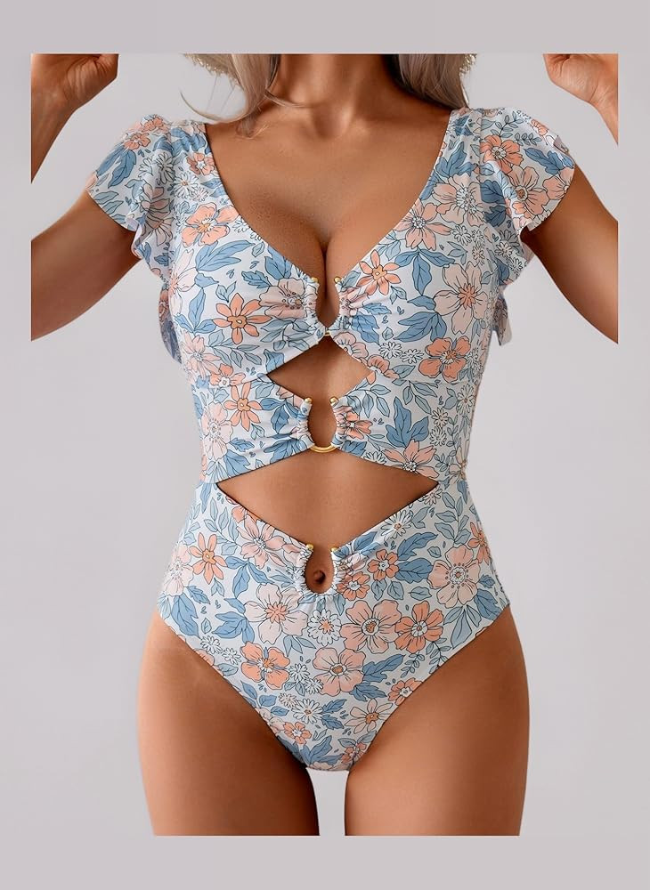 B2prity Women's One Piece Swimsuit Ruffle Sleeve Cut Out Bathing Suit Tie Back High Waisted Swim ... | Amazon (UK)