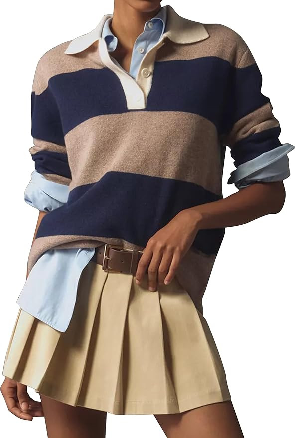 Womens Striped Sweater Shirts Lapel Polo V Neck Long Sleeve Strip Knit Pullover Casual Layer Top ... | Amazon (US)