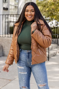 Give Me A Call Brown Quilted Faux Leather Jacket | Pink Lily