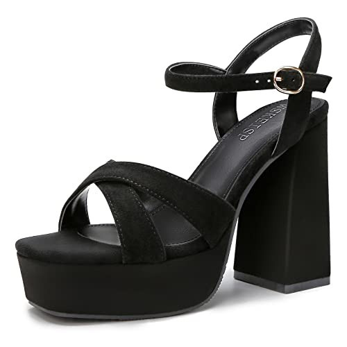 WSKEISP Black Heels for Women Platform Heels Sandals Open Toe Chunky Heels Black High Heels Ankle Strap Wedding Party Wedges Dress Pumps Shoes Size 11 | Amazon (US)